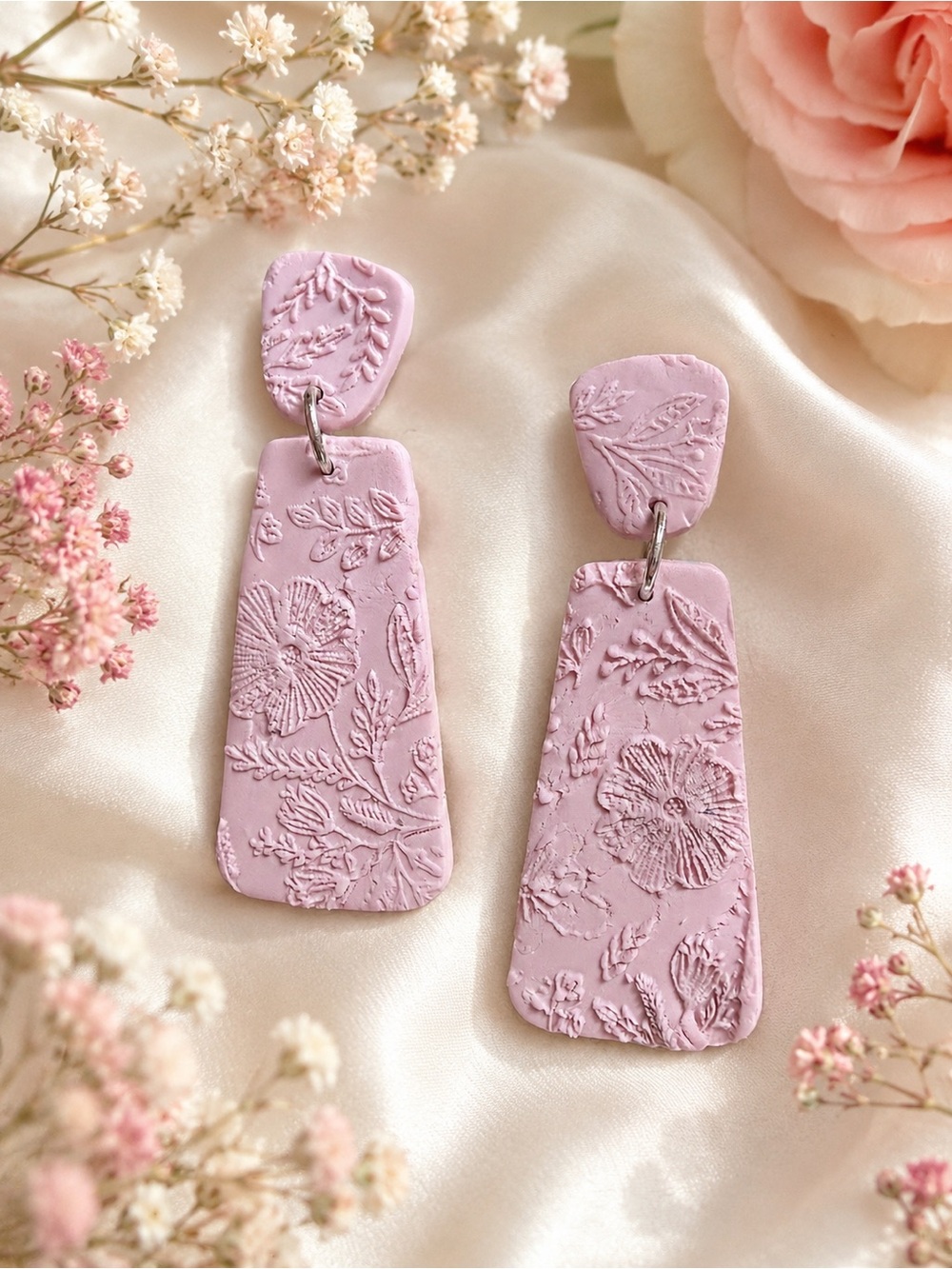 Lilac Floral Textured Dangle Handmade Polymer Clay Earrings - Women Jewelry